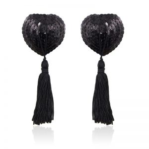 self adhesive heart sequin nipple cover with tassel black