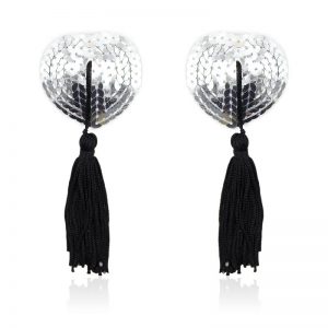 self adhesive heart sequin nipple cover with tassel silverblack